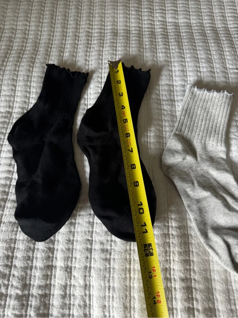 Set of 2 Ruffle Ankle Crew Socks Black & Heather Grey Lettuce Edge Trim Coquette